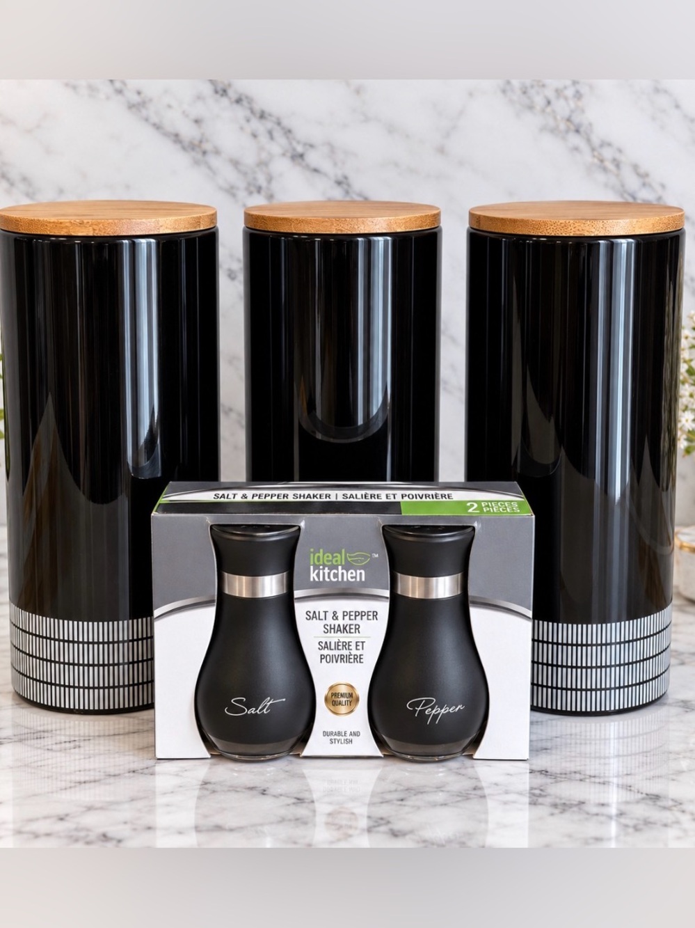 Set of 3 Black Ceramic Canister Set with Bamboo Lids and Salt & Pepper Shakers